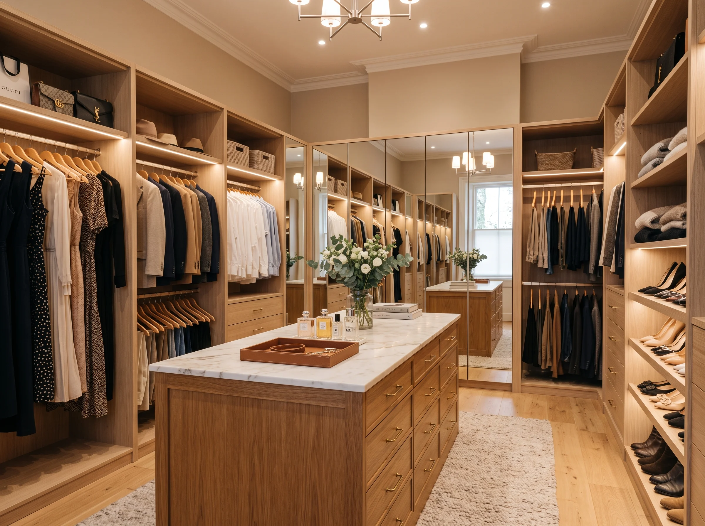 Luxury walk-in wardrobe interior with island unit, full-height mirrors and organised hanging sections