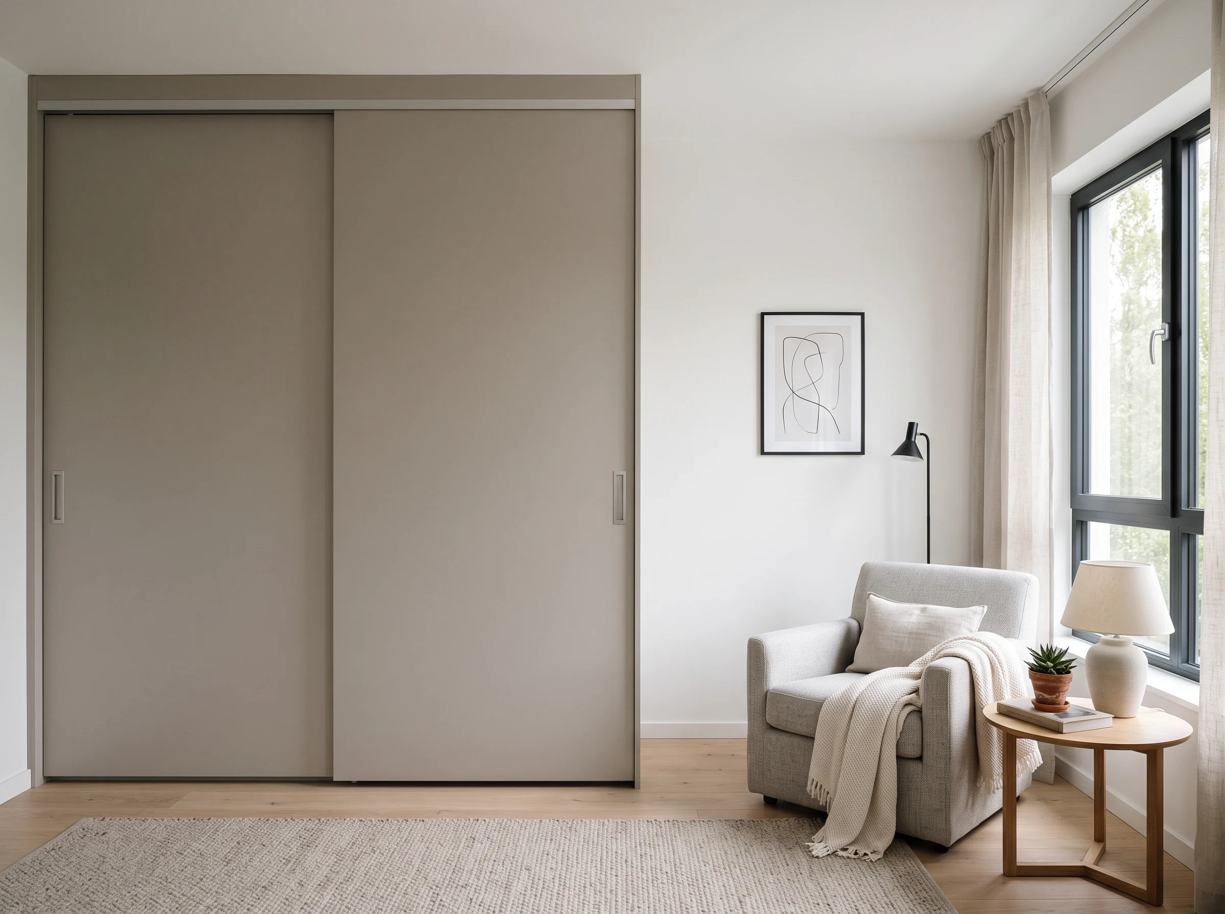 Modern sliding door wardrobe in contemporary Dubai bedroom with neutral finishes